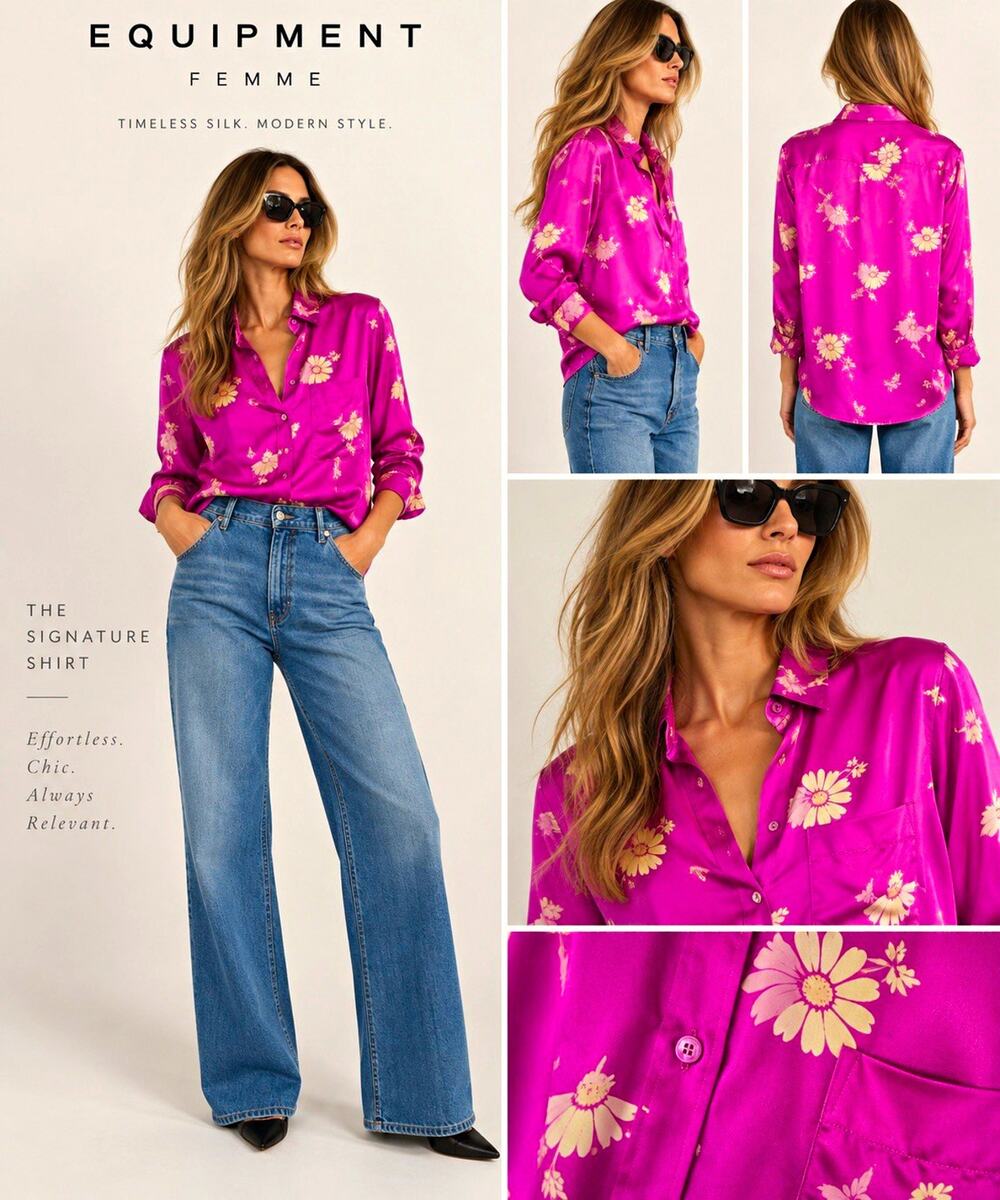 Equipment Femme Floral Daisy Silk-Feel Button Down Blouse Size L Magenta